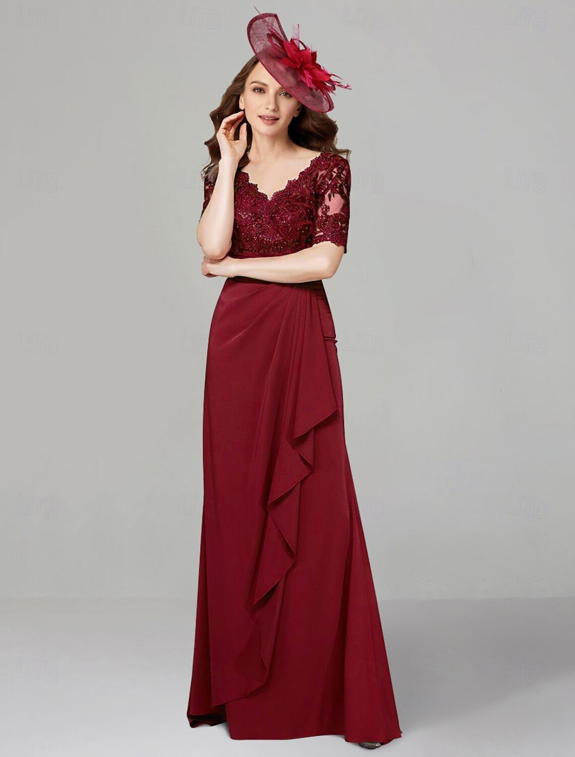 Buyishang A-Line Dress Mother of the Bride Dress Elegant V Neck Floor Length Stretch Chiffon Short Sleeve with Lace Beading Solid Color free custom size